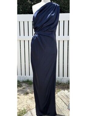 Petal & Pup One Shoulder Satin Maxi Dress Navy Blue Size 8 NWT Formal Gown